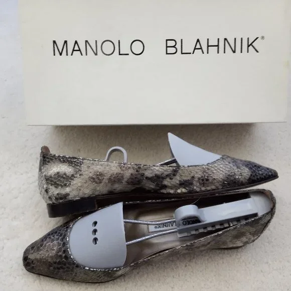 MANOLO BLAHNIK Ballerina Flats - Metallic Grey Snakeskin -- Size 5.5 - Picture 1 of 4